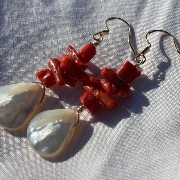 Handmade Vintage Genuine Branch Coral and Mother of Pearl Dangle Earrings - Picture 3 of 3